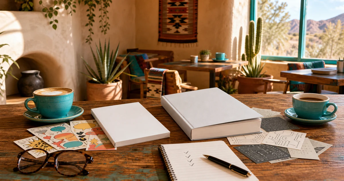 Bright Santa Fe literary coffeehouse table with two blank books, playful cards, abstract technology notes, coffee, and reading glasses