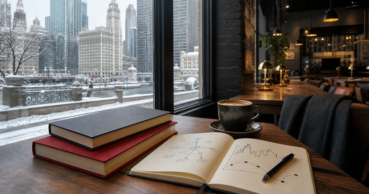 Chicago winter coffeehouse desk with unbranded strategy books, negotiation notes, market sketches, and snowy skyline windows