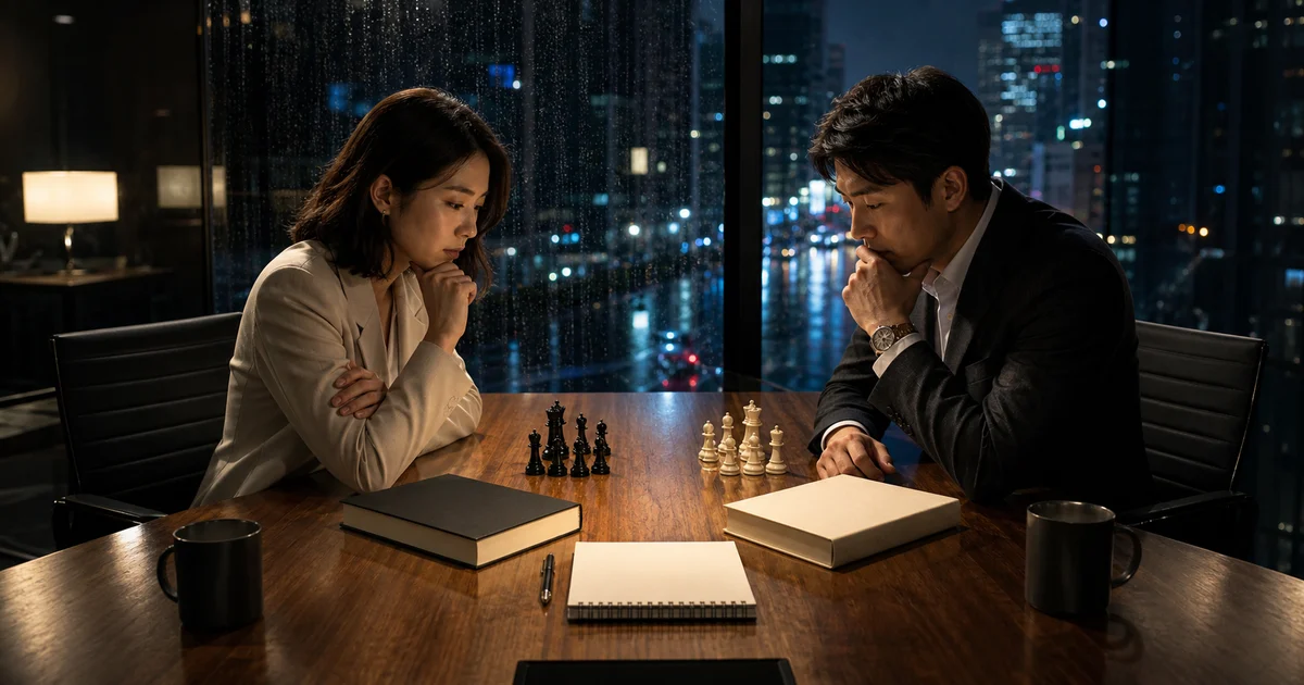 A rainy glass-walled management room with two blank books, chess pieces, notebooks, and city reflections.
