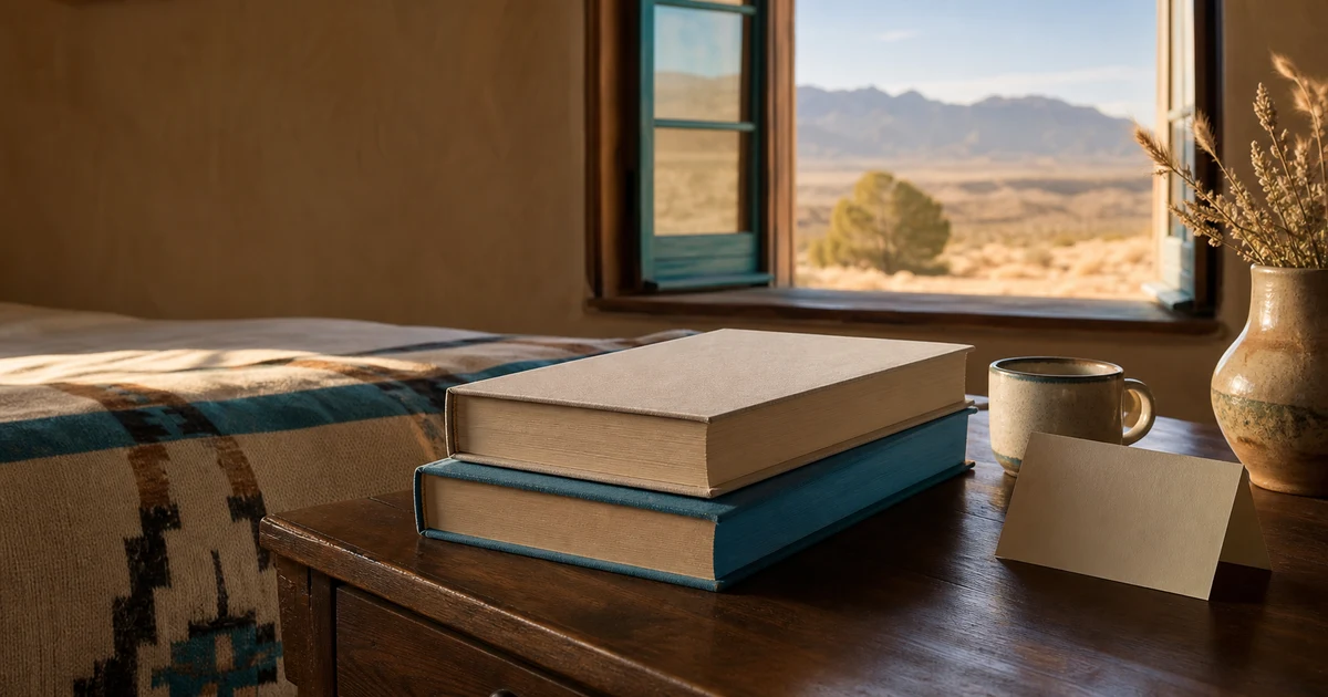 A Santa Fe desert guest room with blank clothbound books, woven textiles, ceramic cup, and late-afternoon desert light