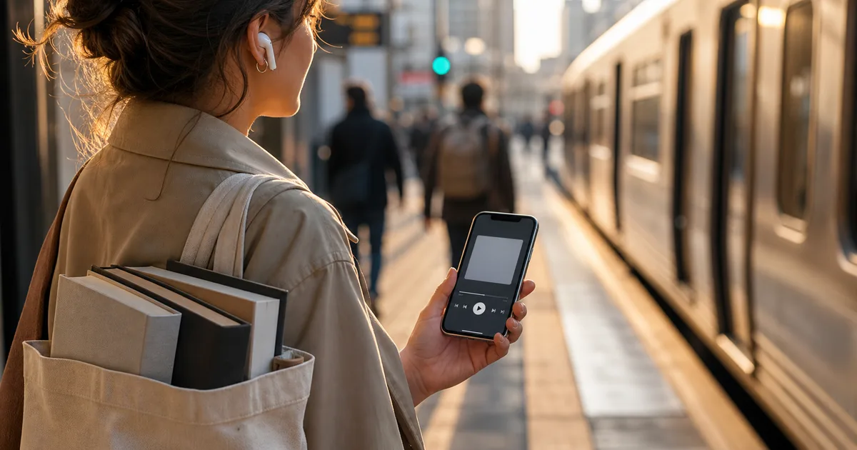 Commuter holding a generic phone audio player with earbuds and blank books in a tote near city transit