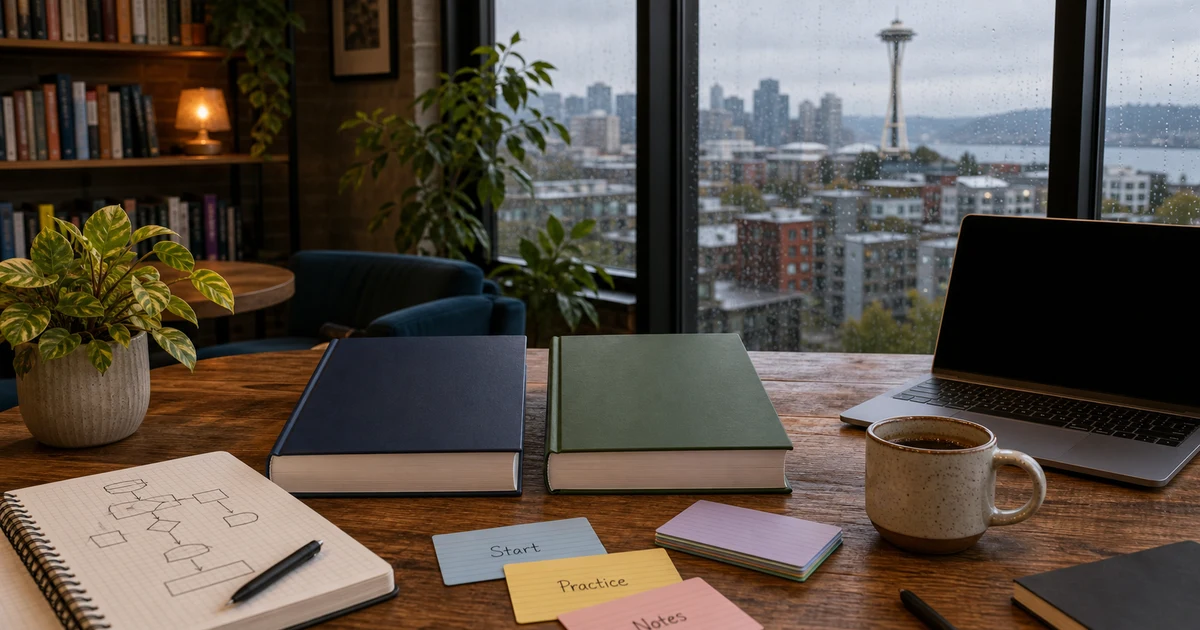 Rainy Seattle literary cafe table with two blank programming study books, a flowchart notebook, beginner flashcards, coffee, plants, and an unbranded laptop