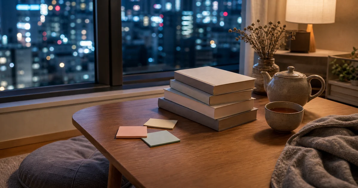 Compact Tokyo apartment night table with blank books, tea, notes, and beginner reading calm