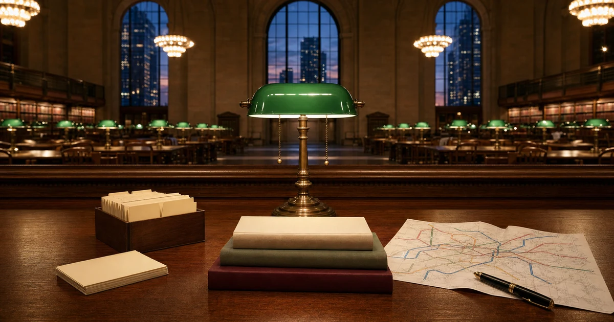 New York library reading room at dusk with blank beginner business books, green lamp, cards, and folded map