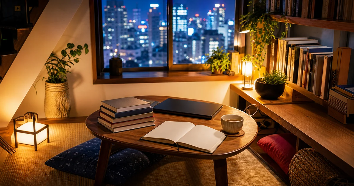 Compact Tokyo-style night reading nook with blank books, a closed laptop, tea, plants, and city lights beyond the window