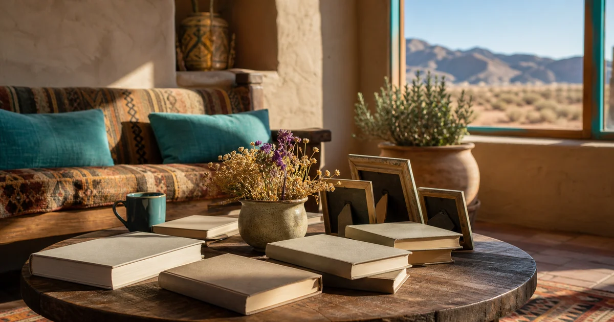 Santa Fe guest room table with blank memoir books, woven textile, dried flowers, and desert light