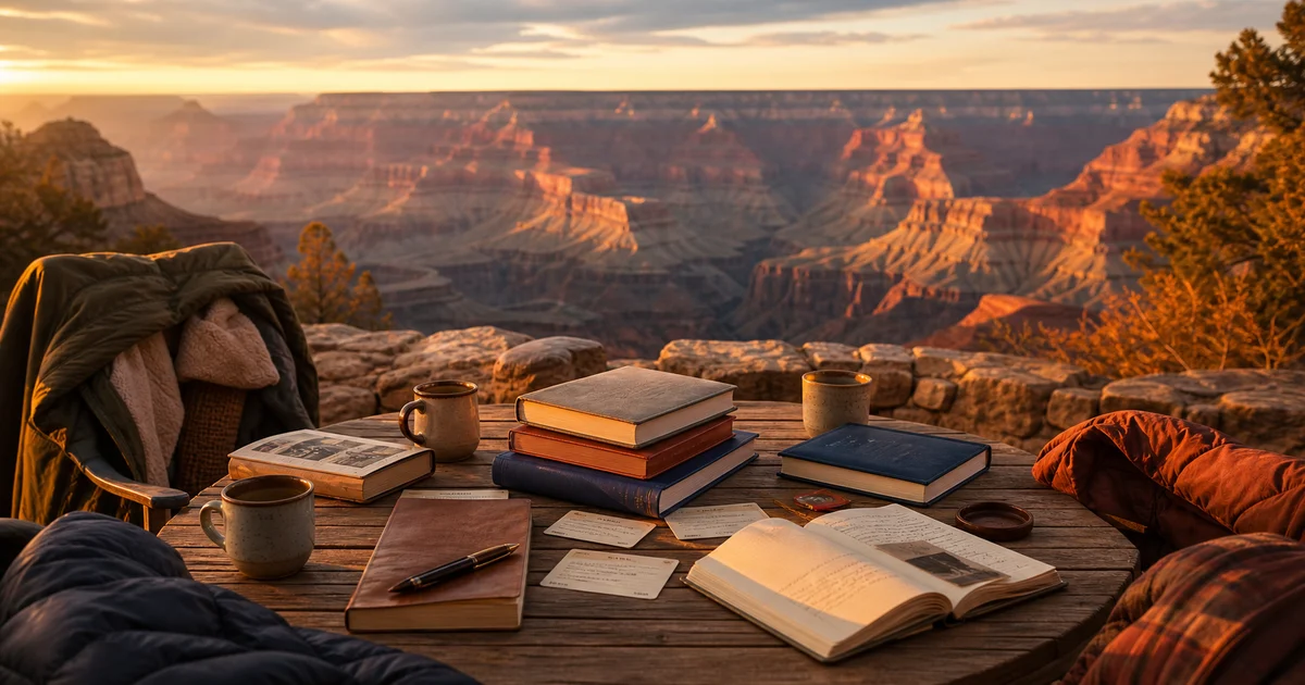 An autumn Grand Canyon overlook with blank books, notebooks, mugs, and jackets arranged for an outdoor book club discussion