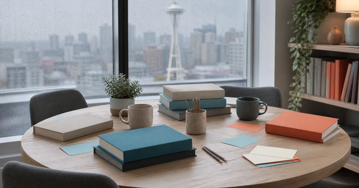 A rainy Seattle apartment book club table with blank books, mugs, pencils, and discussion cards in soft morning light