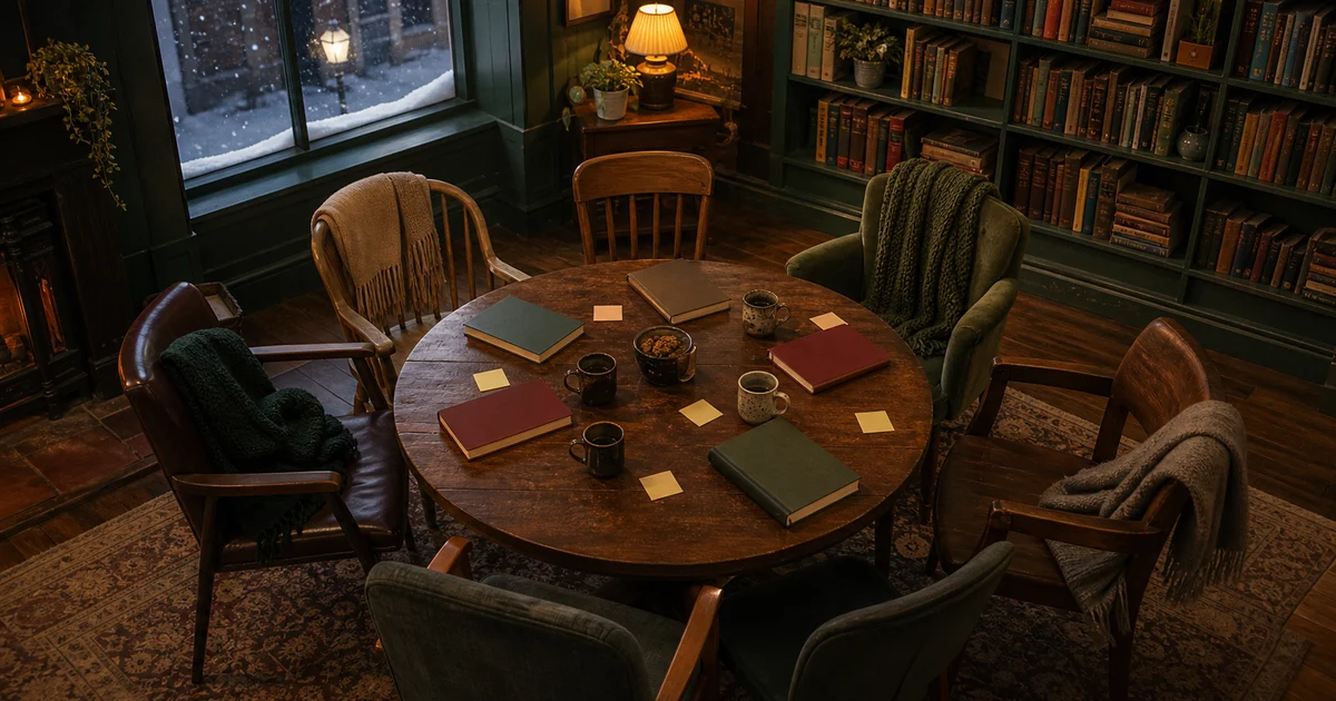 A winter community-library room with chairs around a round table, blank books, notes, scarves, and snow outside the window