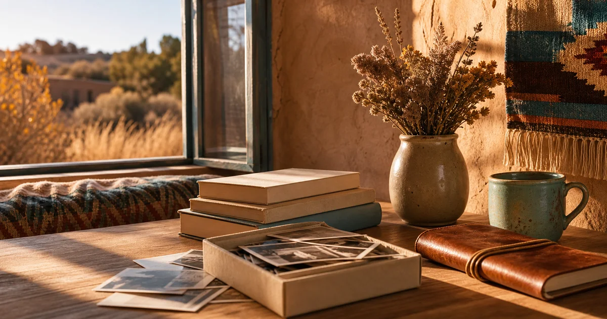 A desert guest room in late fall light with blank books, a ceramic cup, dry botanicals, and family-photo boxes