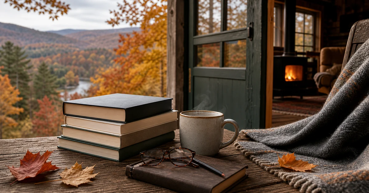 A Vermont cabin porch in autumn with blank books, a mug, reading glasses, leaves, and a warm fire inside