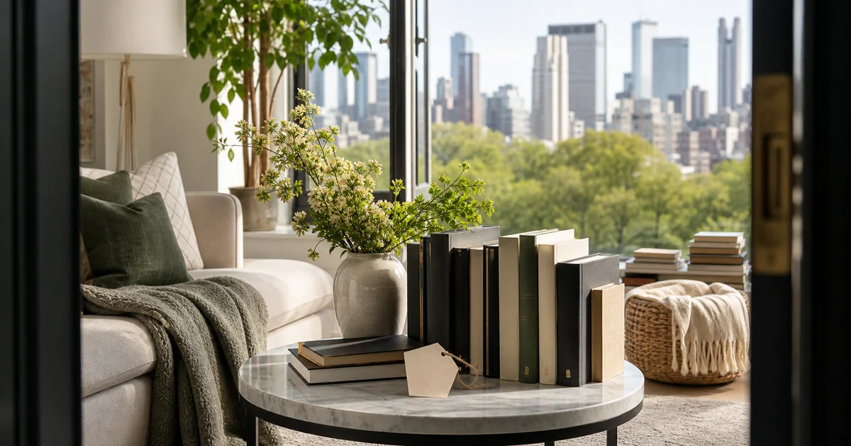 A bright city apartment with blank gift tag, books, greenery, neutral textiles, and a skyline beyond an open window