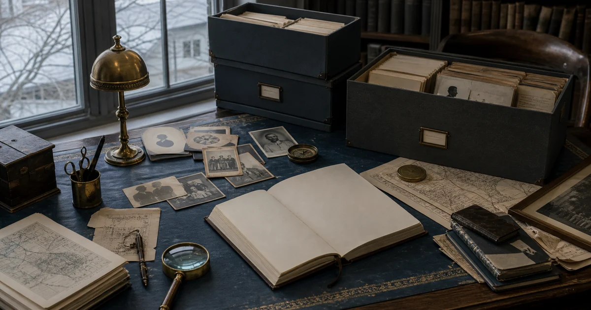 A winter archive reading room with blank books, maps, archival boxes, photo silhouettes, and pale window light