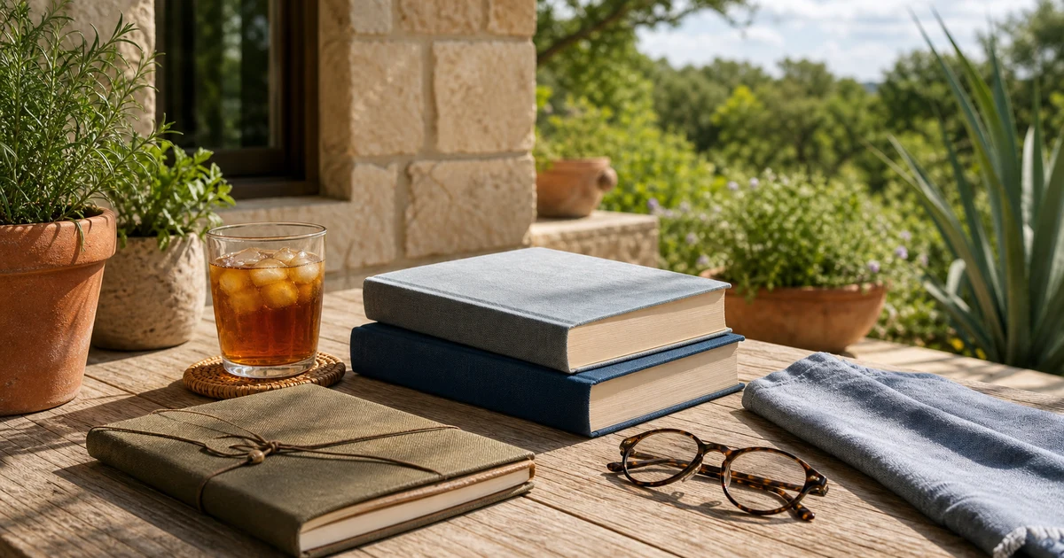 A sunny Austin patio reading table with blank books, herbs, iced tea, linen, and steady afternoon light