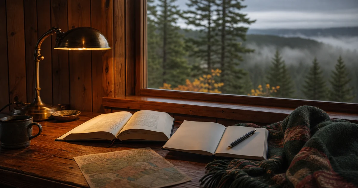 Pacific Northwest cabin desk with blank public-life books, map, lamp, and misty evergreen view