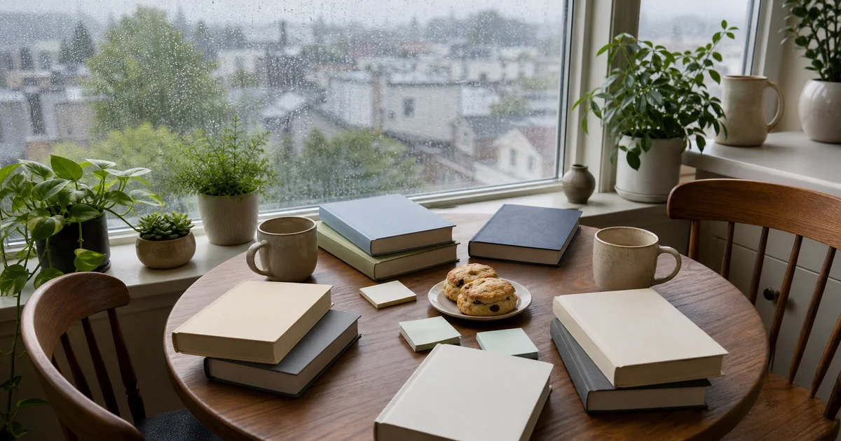 A rainy apartment breakfast table with blank books, plants, mugs, and an open window over a quiet city
