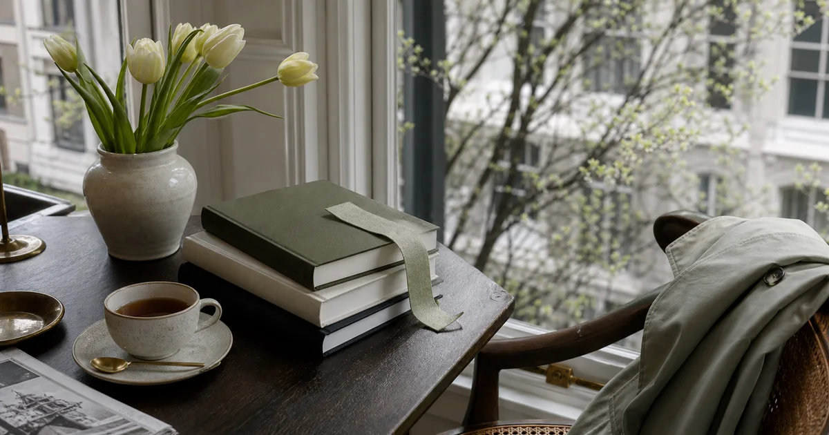 A spring window reading chair with pale blossoms, blank hardcovers, coffee, and soft city light