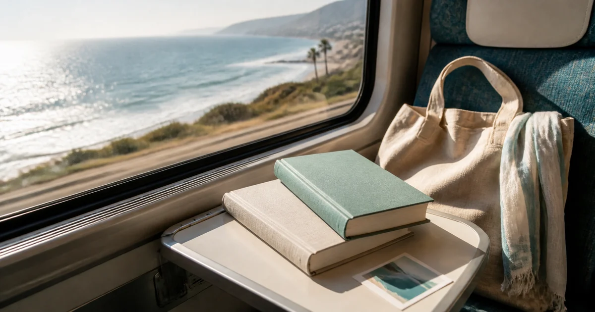 A California coastal train window with blank books, a linen tote, sunlit ocean light, and a small travel table
