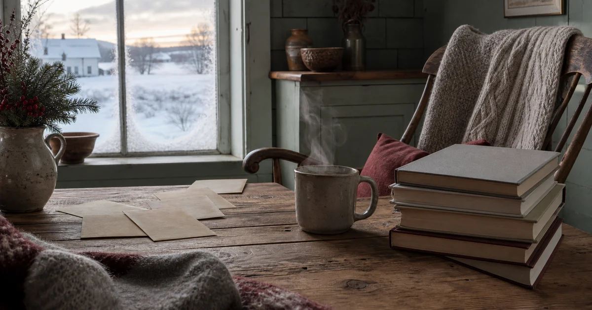A snowy farmhouse reading corner with blank books, a steaming mug, folded blankets, and soft winter window light.