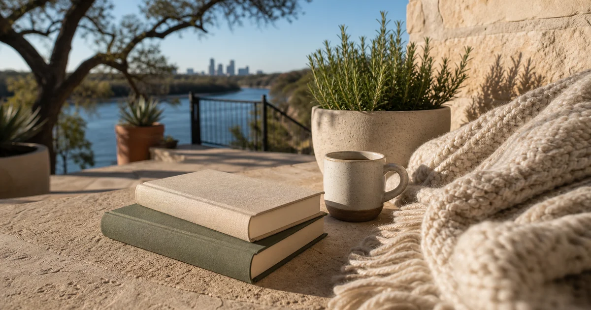 A sunny Austin winter patio with blank books, a wool throw, a ceramic mug, rosemary, and clear blue light