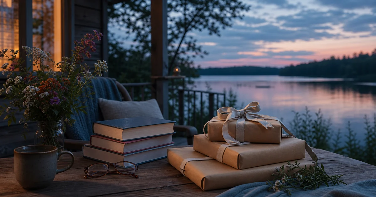 A lakeside cabin porch at blue hour with wrapped blank books, linen ribbon, wildflowers, reading glasses, and a calm lake