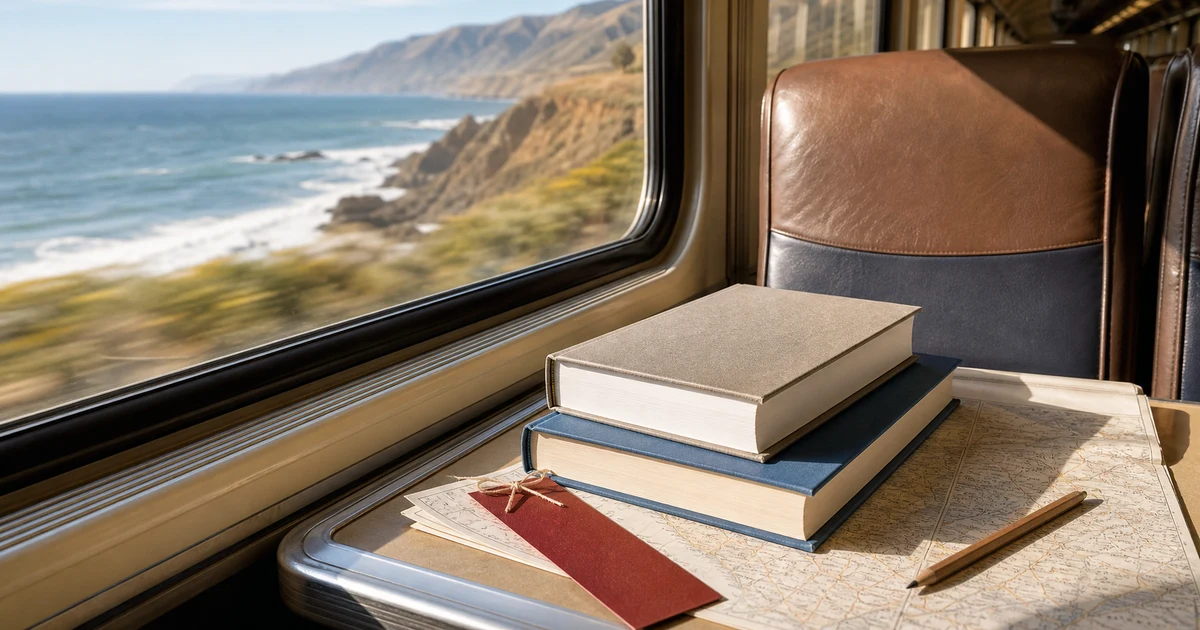 A California coastal train window scene with blank books, an unlabeled folded map, pencil, and bright ocean light