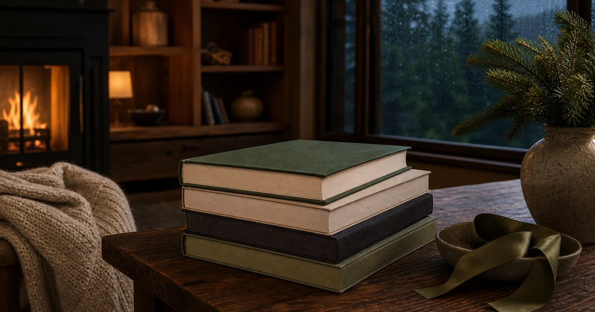 A rainy Pacific Northwest cabin table with blank books, gift ribbon, evergreen branches, and warm evening firelight