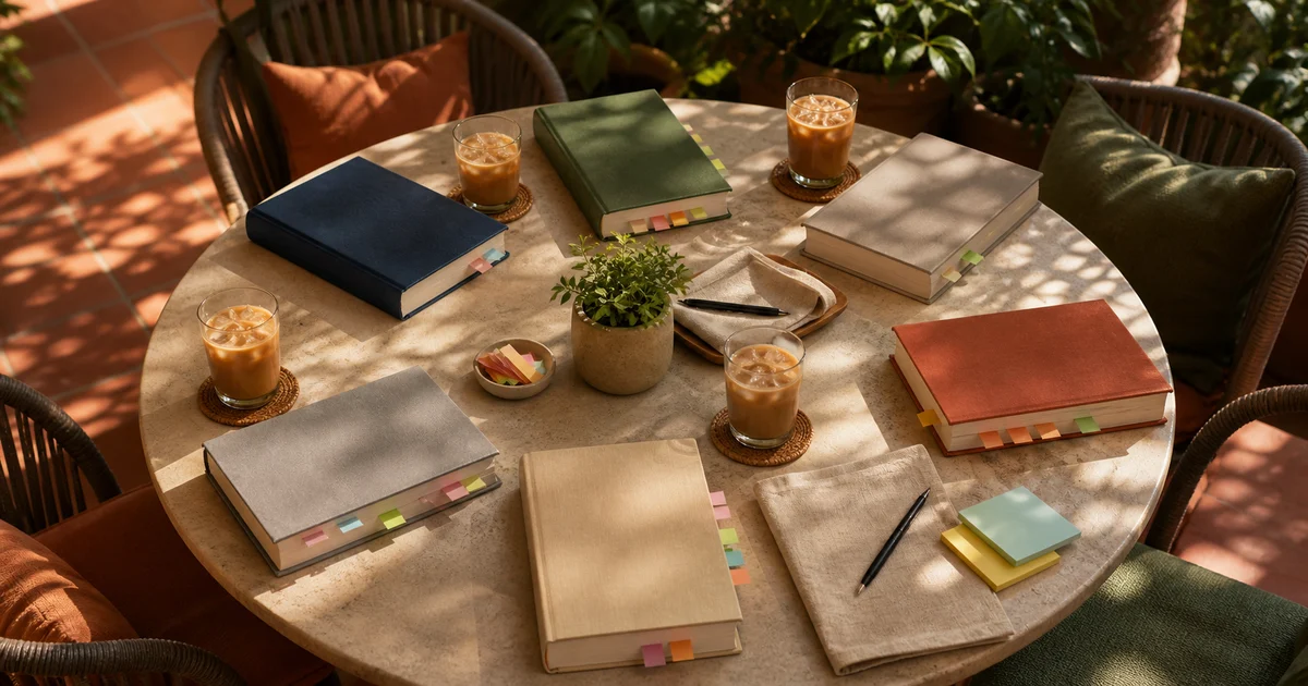 Sunny Austin patio cafe table with blank books, iced coffee, sticky tabs, and green cushions