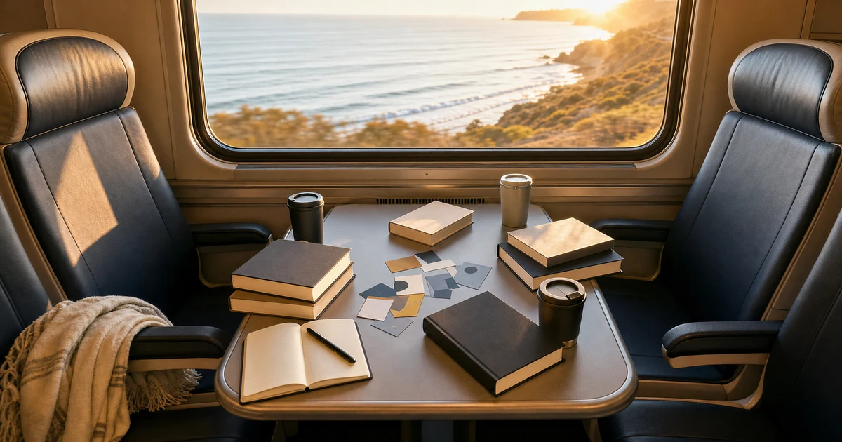 California coastal train table with blank leadership books, discussion cards, unmarked cups, and golden ocean light