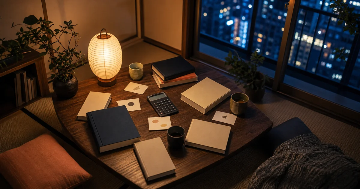 Tokyo compact apartment night reading table with blank books, tea cups, note cards, and city window glow