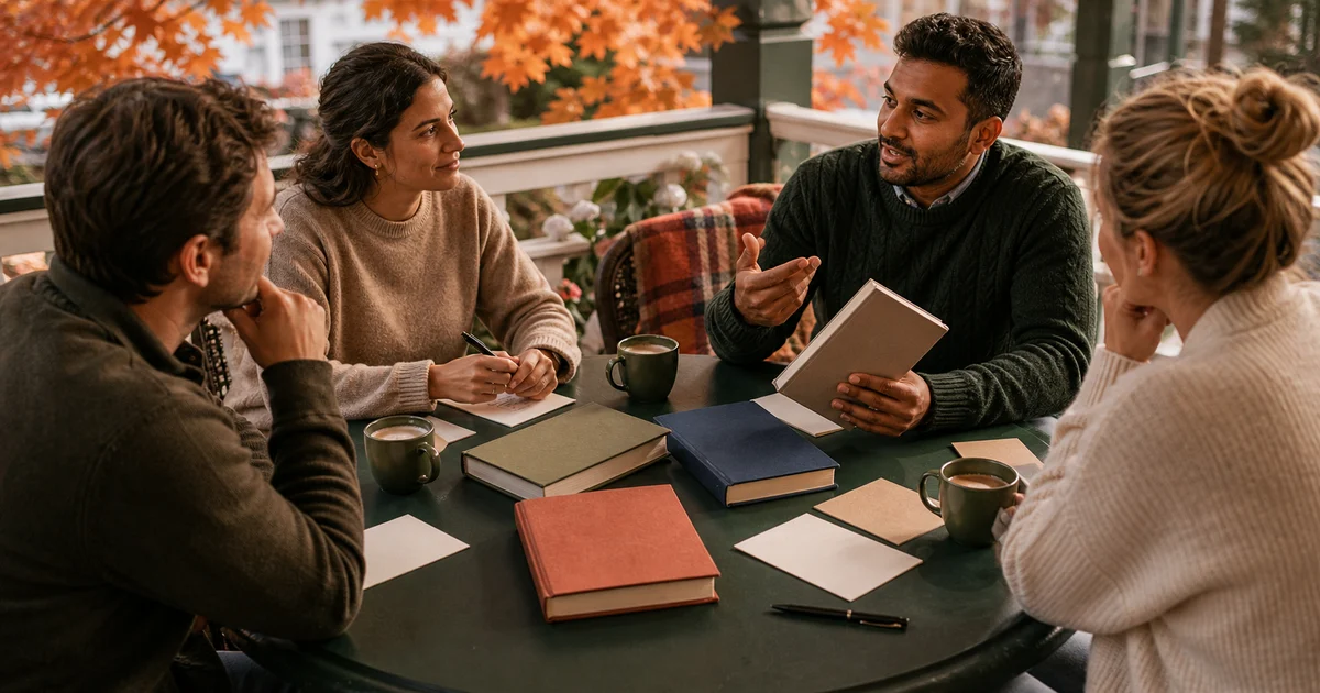New England fall porch cafe with blank books, coffee cups, discussion cards, and maple leaves