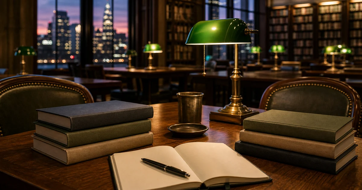 New York library reading room at dusk with green lamps, blank books, notebook, and city lights