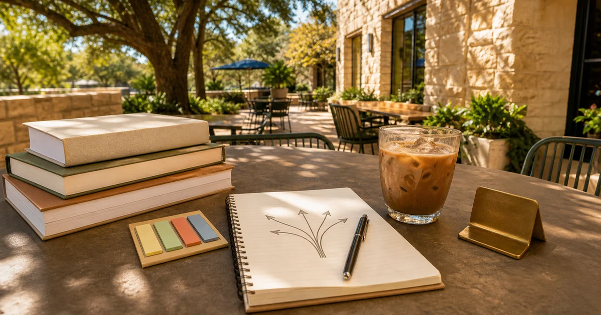 Sunny Austin fall patio cafe with blank business books, iced coffee, muted tabs, abstract arrows notebook, and limestone wall