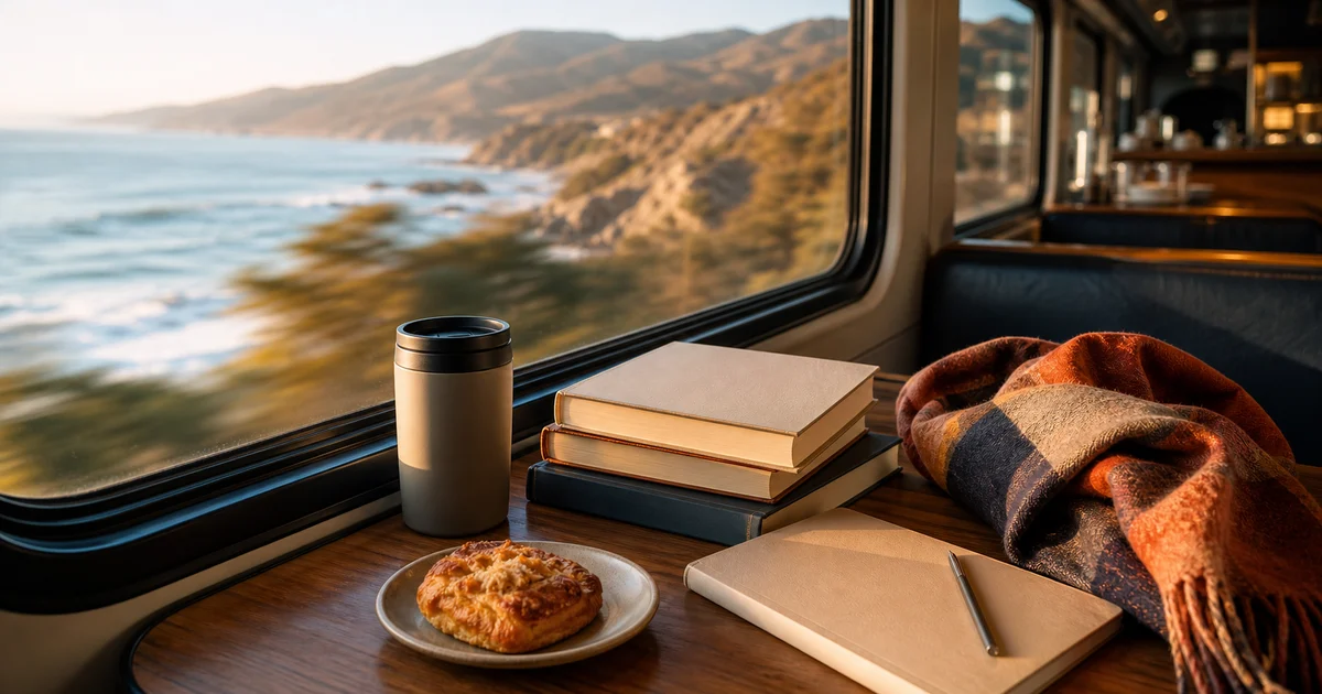Coastal California train cafe table with autumn light, money psychology books, travel mug, and window view
