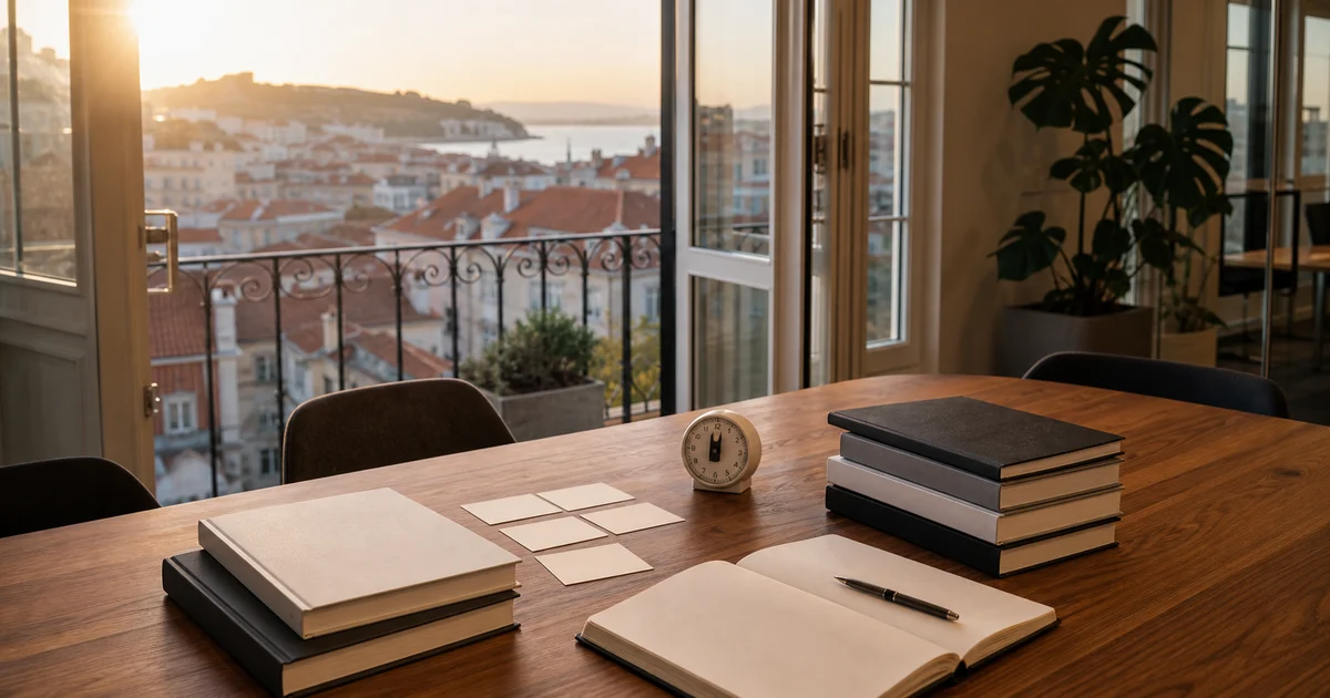 A Lisbon startup office table with blank business books, a notebook, decision cards, and sunrise over rooftops.