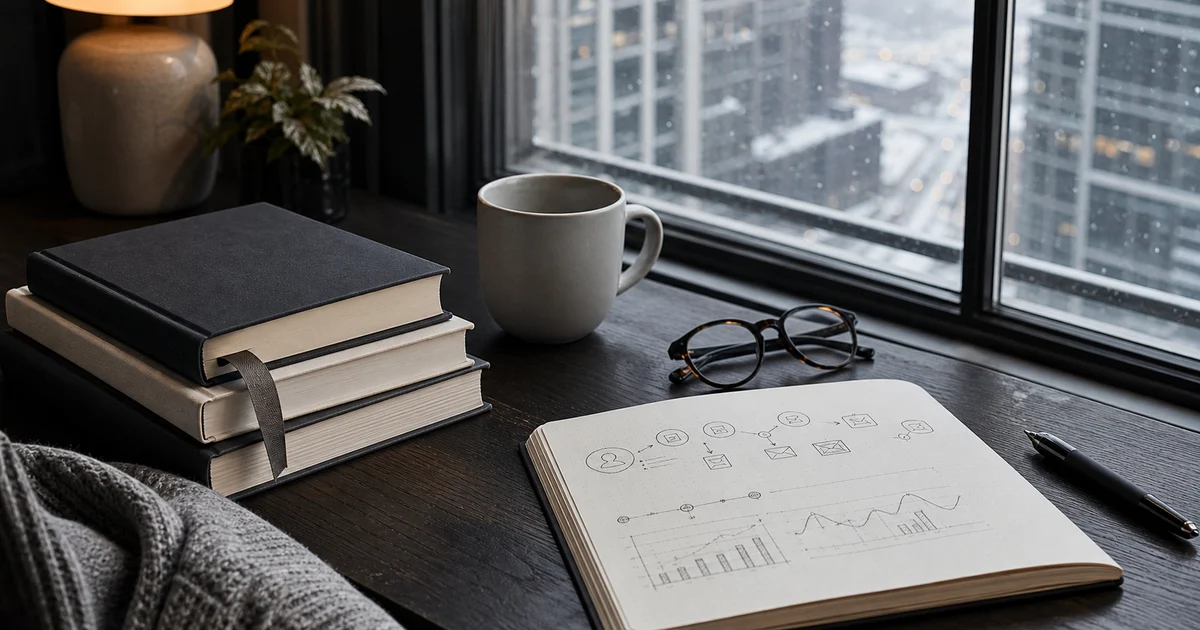 Chicago winter desk with blank business books, customer journey notes, reading glasses, and snow-soft skyline light