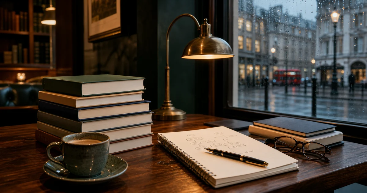 Rainy London-inspired cafe study table with blank business books, brass lamp, coffee, notebook, and reading glasses