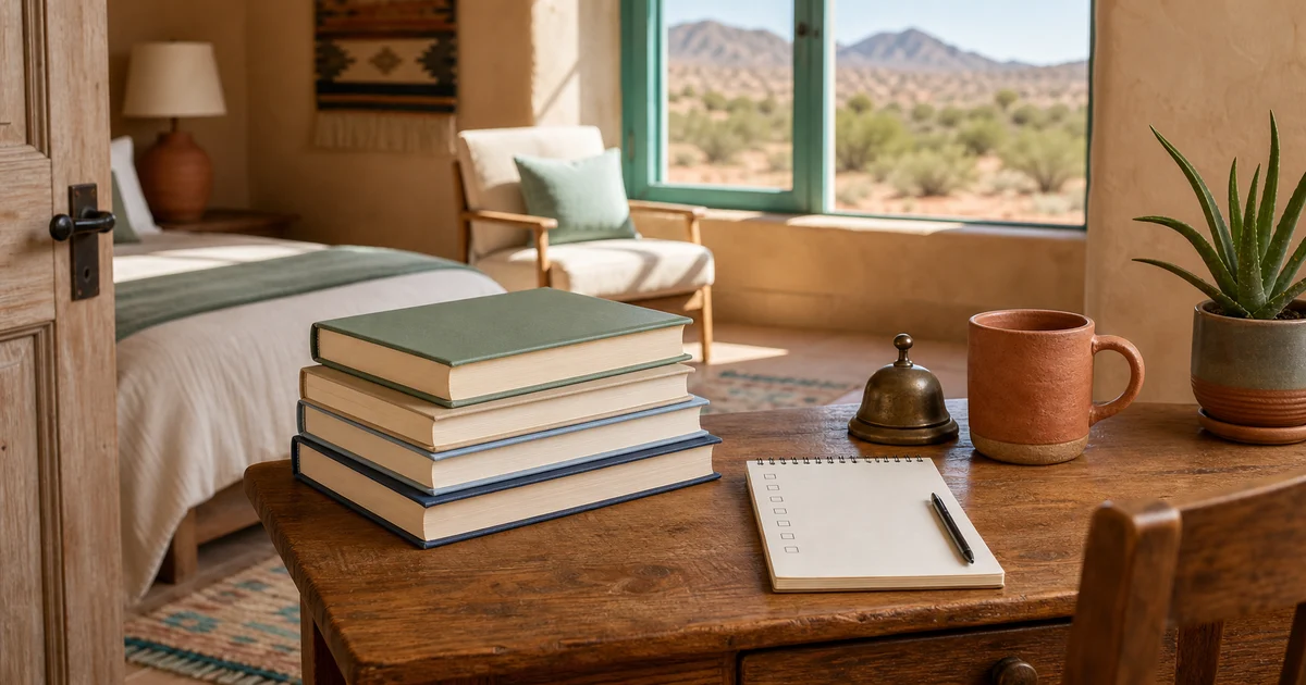Santa Fe desert guest room desk with blank leadership books, clay mug, notepad, and adobe morning light