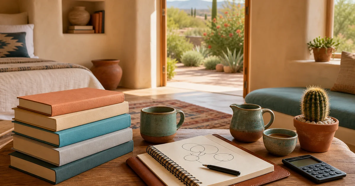 Santa Fe desert guest room coffee alcove with unbranded books, ceramic coffee set, blank calculator, cactus, and notebook