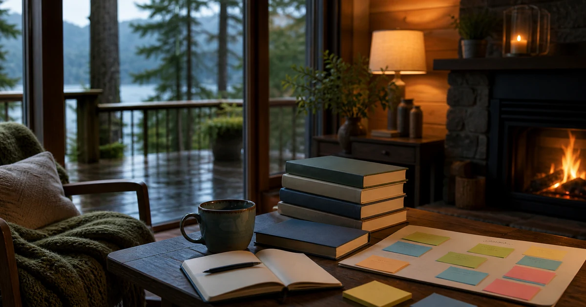 Pacific Northwest cabin table with blank business books, abstract customer journey notes, rain window, and fireplace light