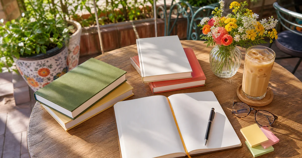 Sunny Austin patio cafe with decision notebooks, spring greenery, iced coffee, and business books