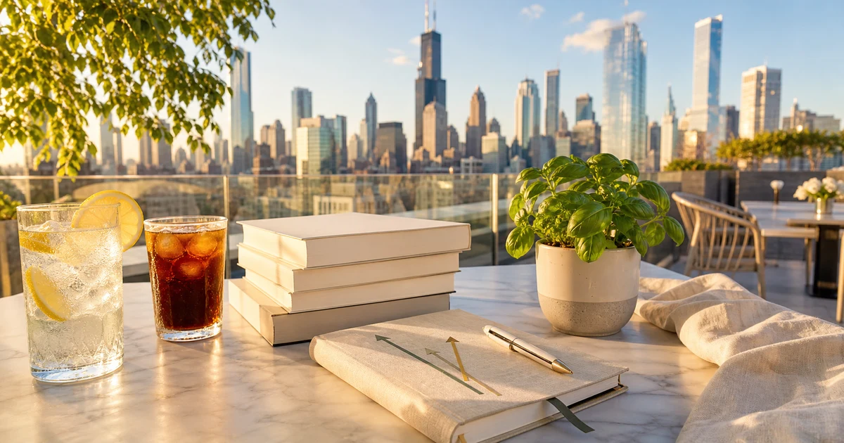 Chicago rooftop summer cafe table with blank business books, lemon water, cold brew, and abstract leadership notebook