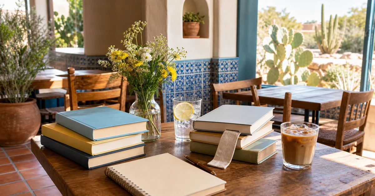 Bright Santa Fe literary cafe table with finance books, citrus water, blue tile, and summer desert light