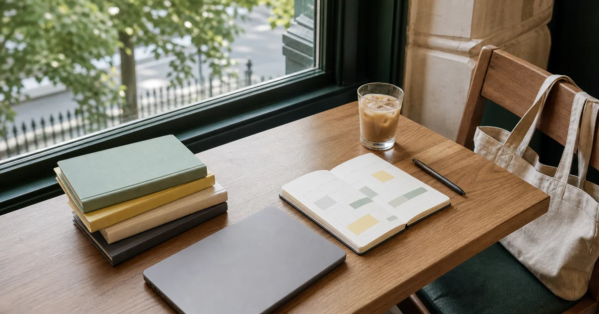 London-inspired summer cafe study corner with unbranded books, closed laptop, iced coffee, planner, and linen tote