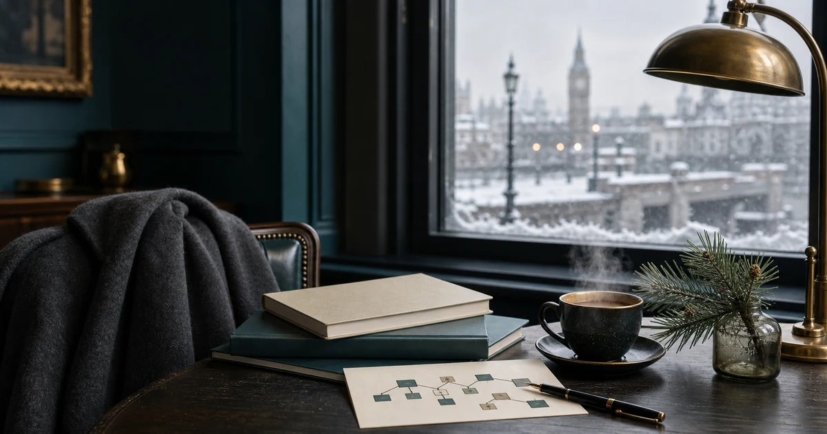 London-inspired winter study cafe corner with blank business books, tea, evergreen sprig, and abstract decision tree card