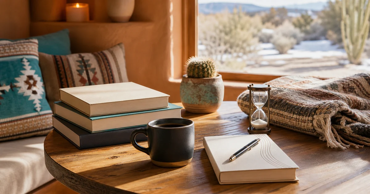 Santa Fe winter guest-room cafe nook with blank business books, coffee, cactus, hourglass, wool throw, and desert light