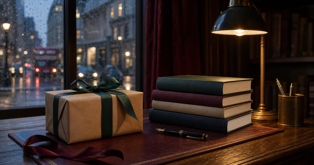 Rainy London study corner with a plain wrapped gift, blank career books, ribbon, and warm lamp light