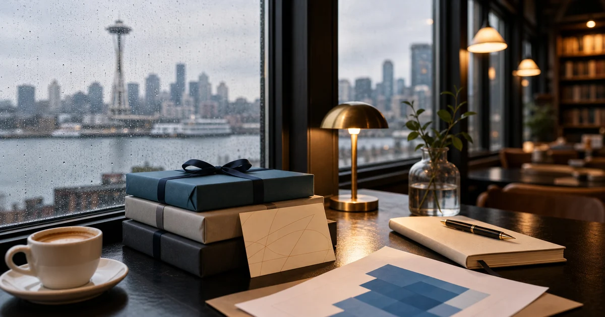 Rainy Seattle cafe window with wrapped blank books, coffee, notebook, and soft brass morning light