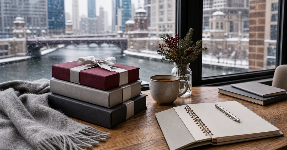 Chicago winter coffeehouse window desk with wrapped blank books, mug, planner, and snowy skyline