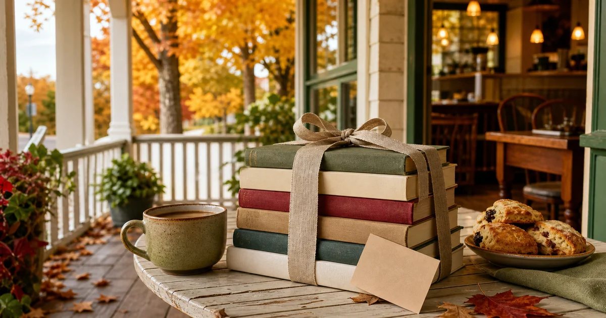 New England fall porch cafe table with wrapped unbranded business books, coffee, blank gift card, and autumn leaves